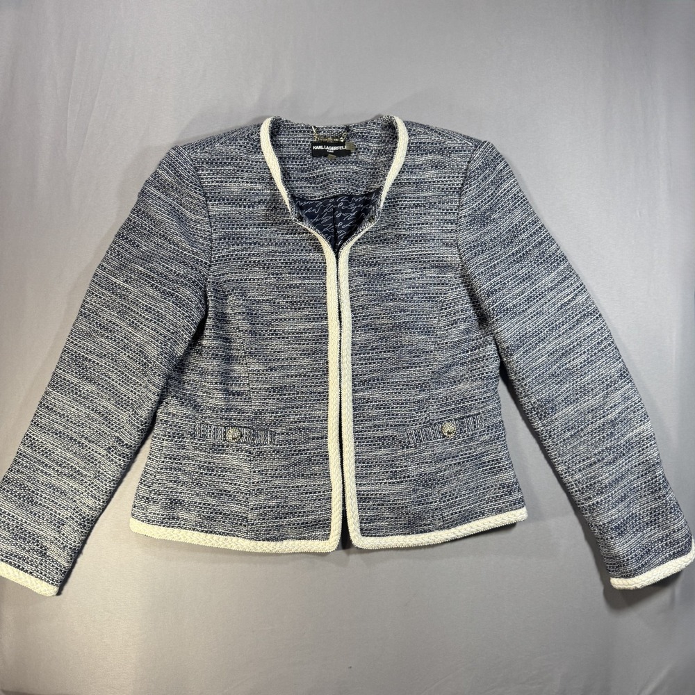 Karl Lagerfeld Paris Tweed Blazer Womens 10 Navy Blue White Trim Office Jacket